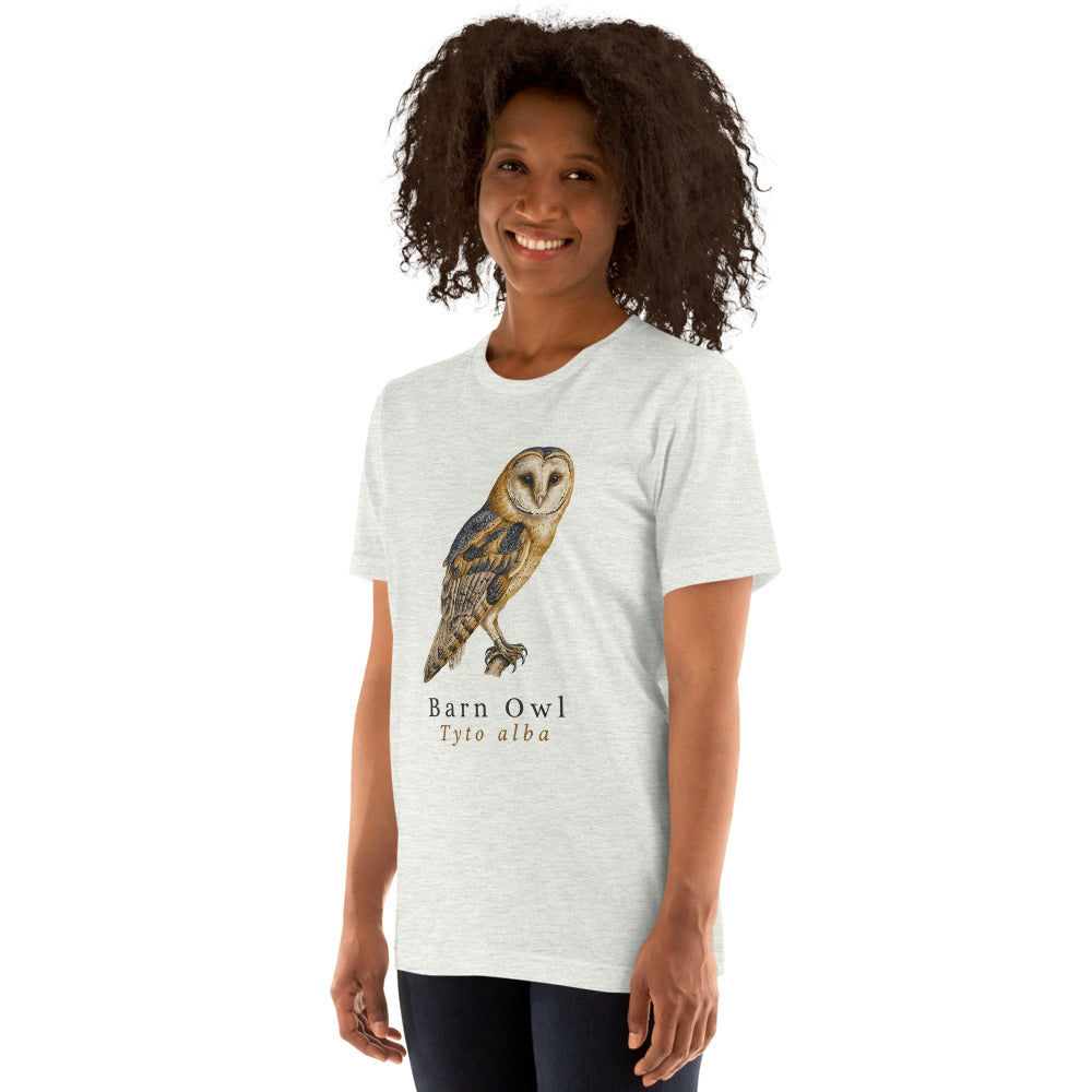 Barn Owl vintage field-guide tee — Ash, on model
