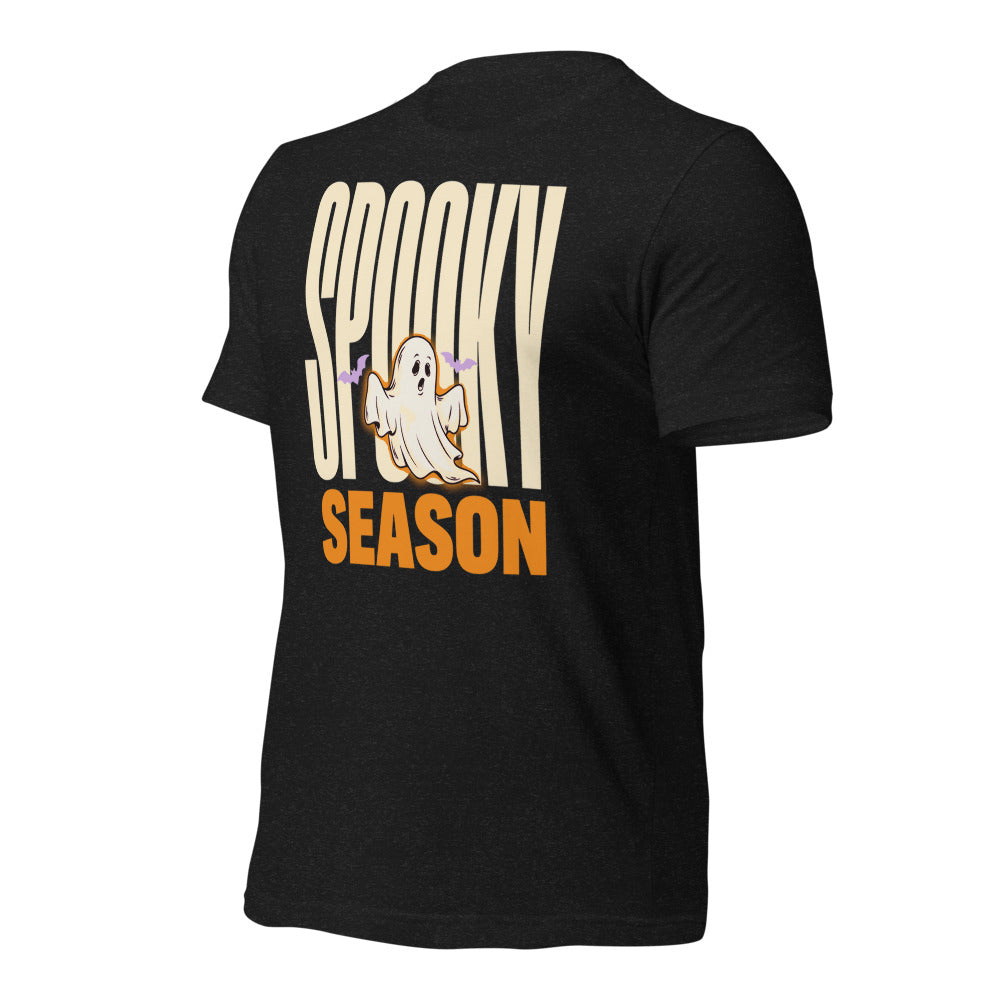 Spooky Season retro Halloween ghost typography tee — Black Heather, front-right