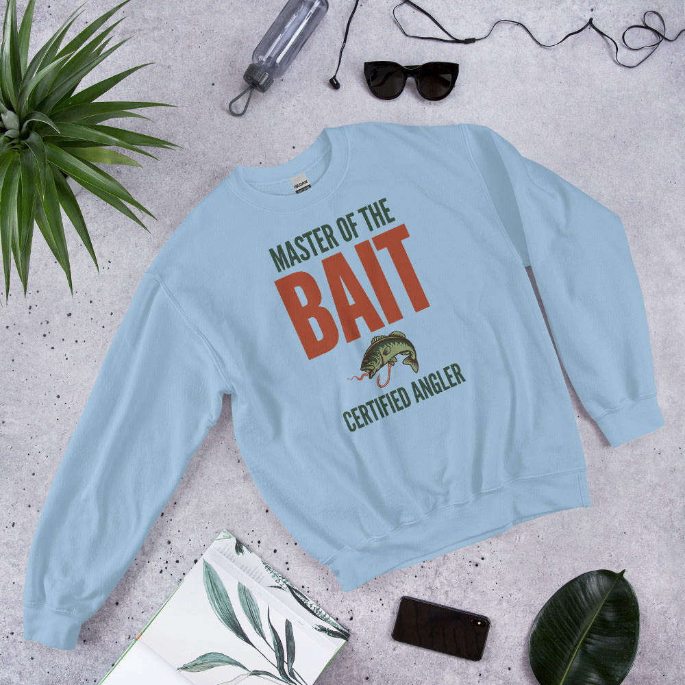 Master of the Bait retro fishing humor crewneck sweatshirt — Light Blue, flat front