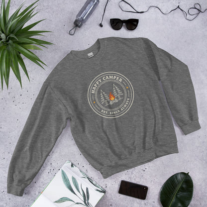 Happy Camper retro camp badge crewneck sweatshirt — Graphite Heather, front view