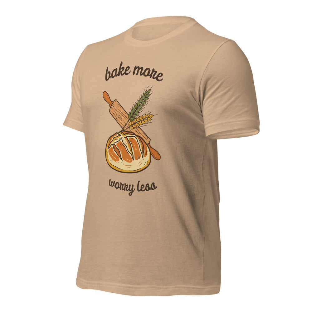 Bake More Worry Less retro kitchen sourdough tee — Tan, front right