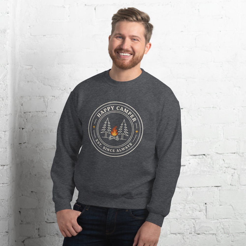 Happy Camper retro camp badge crewneck sweatshirt — Dark Heather, on model