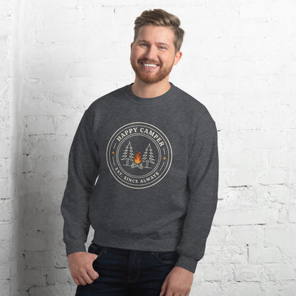 Happy Camper retro camp badge crewneck sweatshirt — Dark Heather, on model