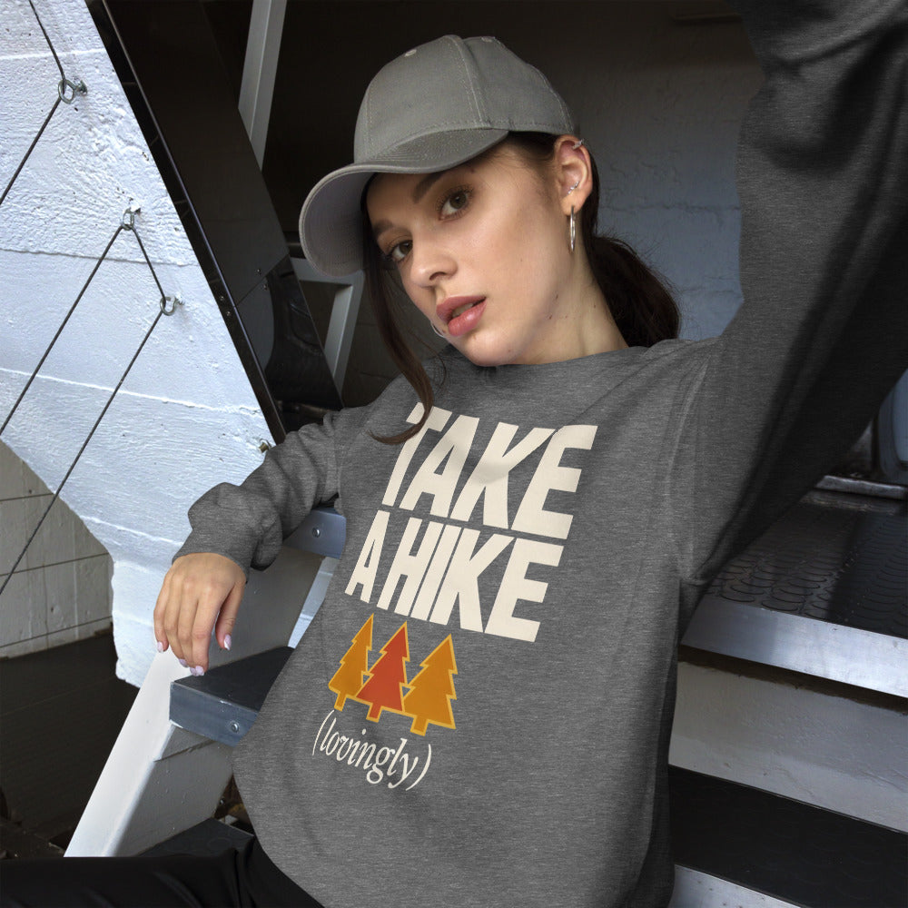 Take a Hike retro outdoors humor typography crewneck sweatshirt — Graphite Heather, on model