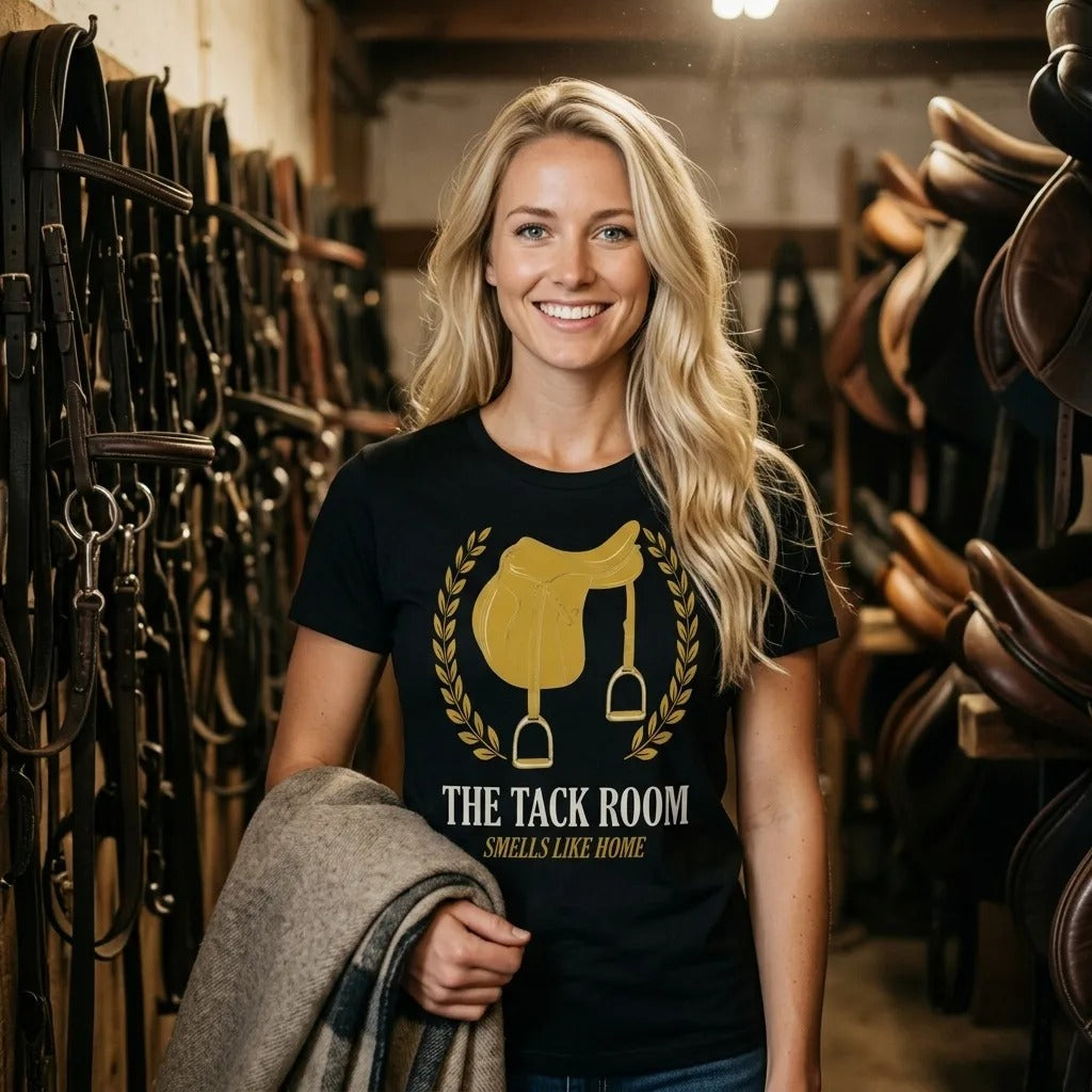 The Tack Room engraved equestrian saddle crest t-shirt — lifestyle