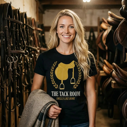 The Tack Room engraved equestrian saddle crest t-shirt — lifestyle