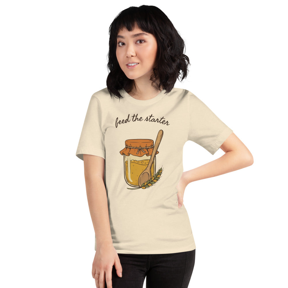 Feed The Starter sourdough baker tee — Heather Natural, on model