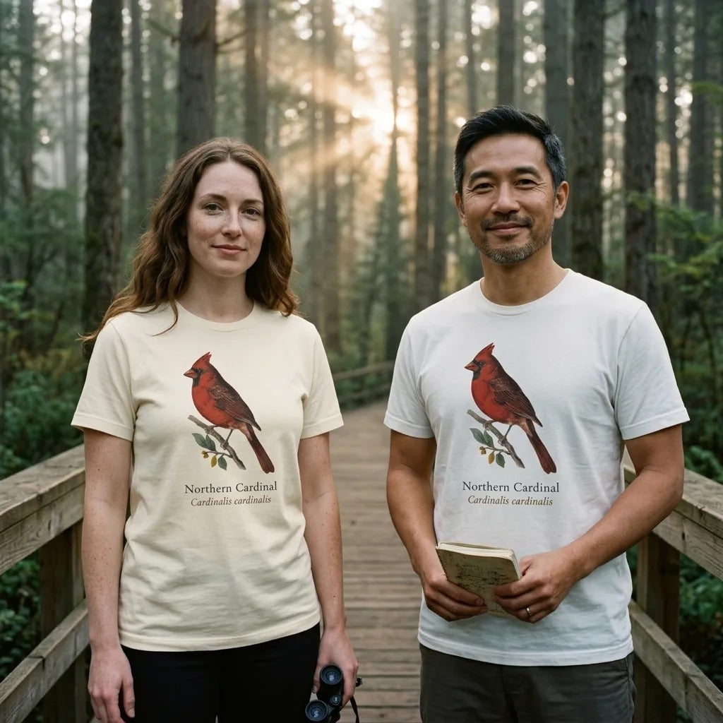 Two friends birdwatching at dawn on a misty boardwalk wearing the Northern Cardinal field-guide tee — Natural and Vintage White