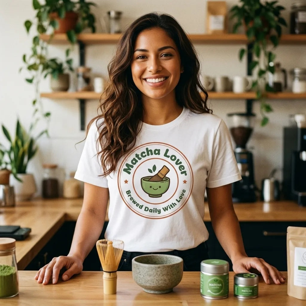 Matcha Lover retro café badge tee — lifestyle