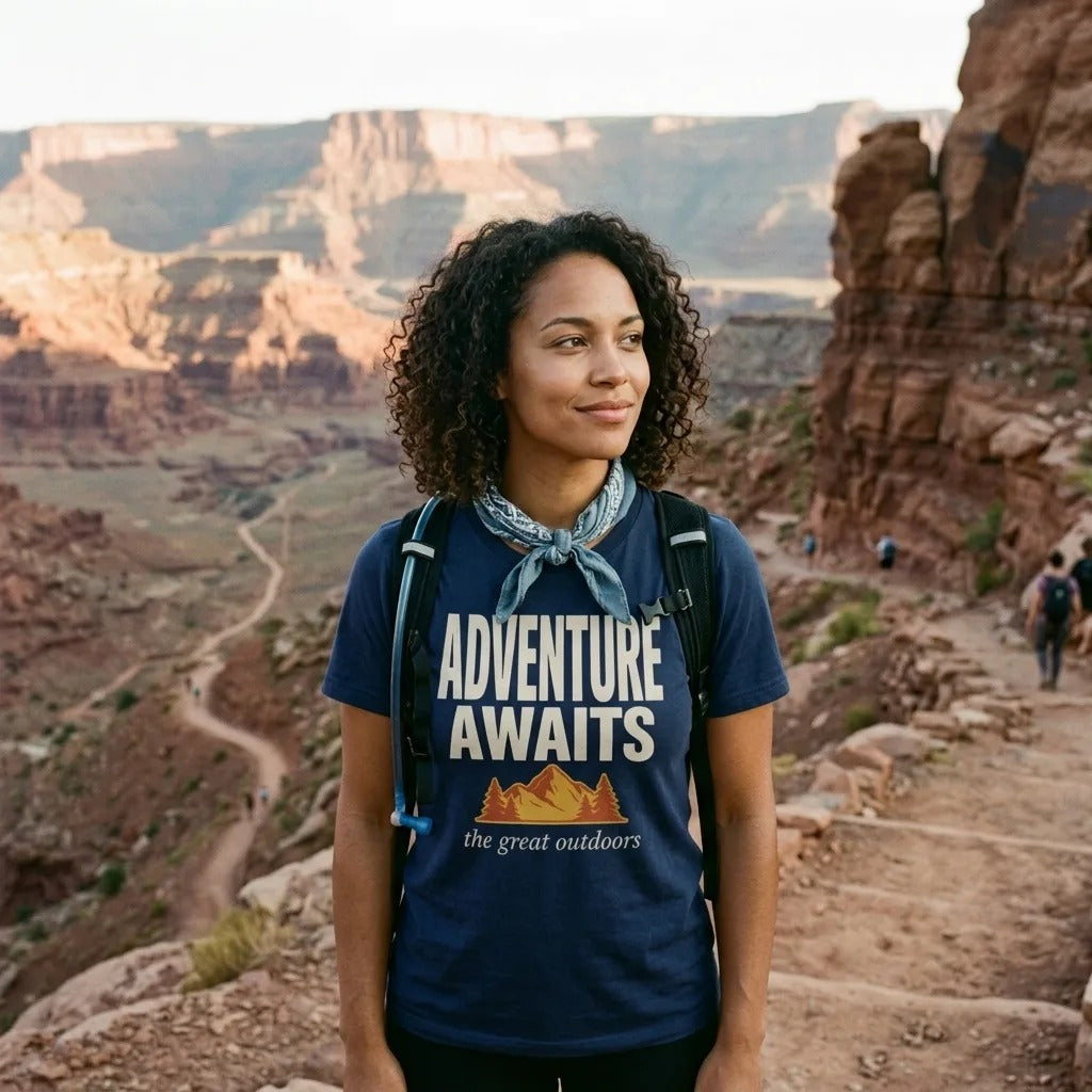 Woman at a red-rock canyon trail wearing the Adventure Awaits retro outdoors tee in Navy