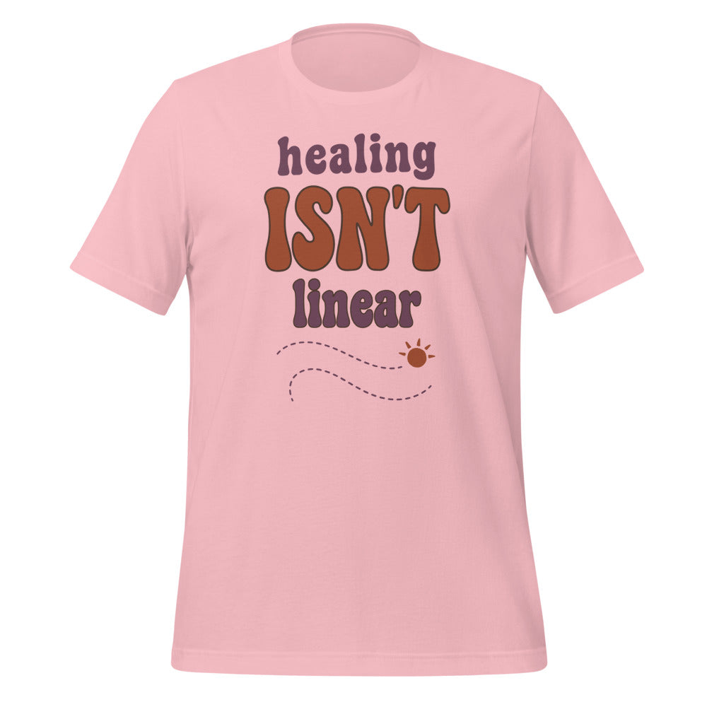 Healing Isn't Linear soft retro mental health tee — Pink, front