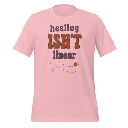 Healing Isn't Linear soft retro mental health tee — Pink, front