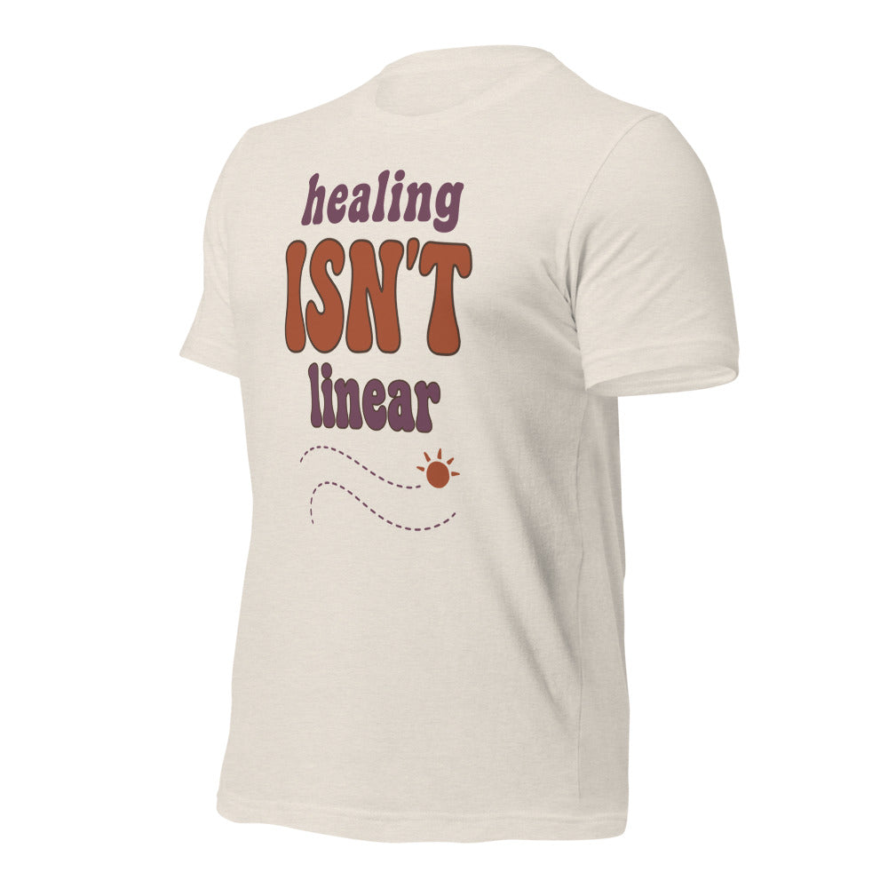 Healing Isn't Linear soft retro mental health tee — Heather Dust, front right
