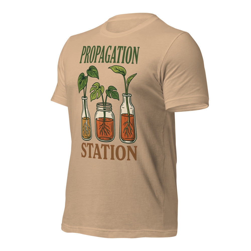 Propagation Station retro botanical plant lover tee — Tan, front right