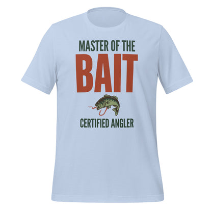 Master of the Bait retro fishing humor typography tee — Baby Blue, front