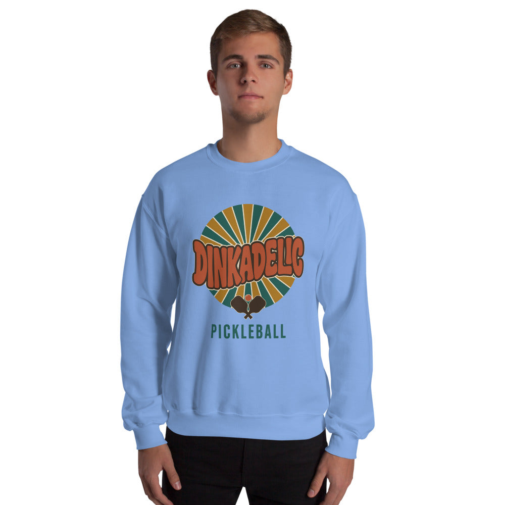 Carolina Blue Dinkadelic retro 70s pickleball crewneck sweatshirt model