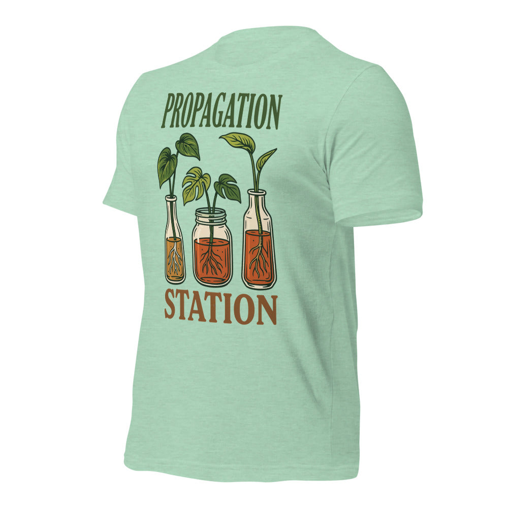 Propagation Station retro botanical plant lover tee — Heather Prism Mint, front right