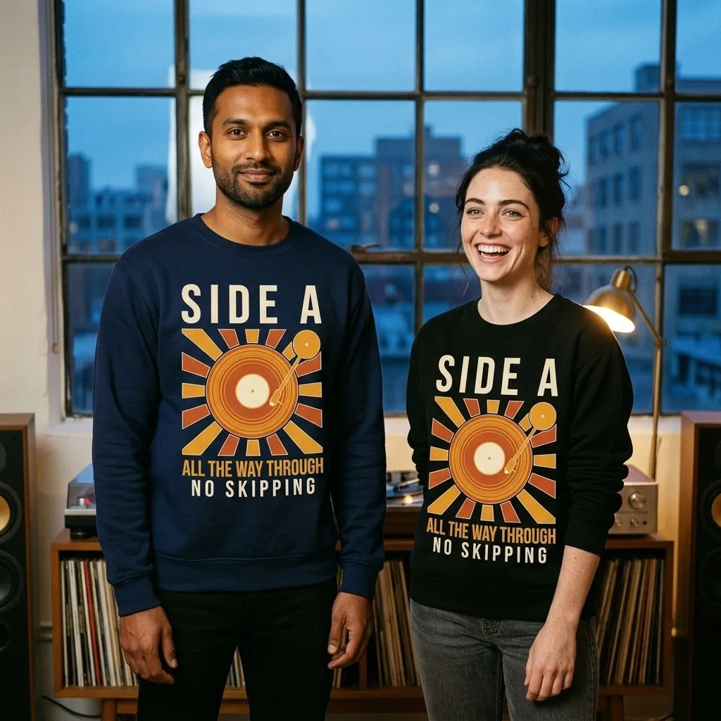 Side A No Skipping vinyl record crewneck sweatshirt — lifestyle