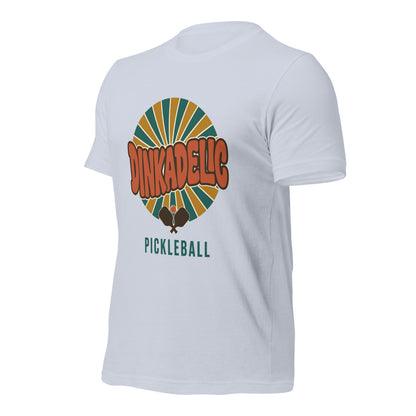 Dinkadelic retro 70s pickleball tee — Light Blue, front-right angle