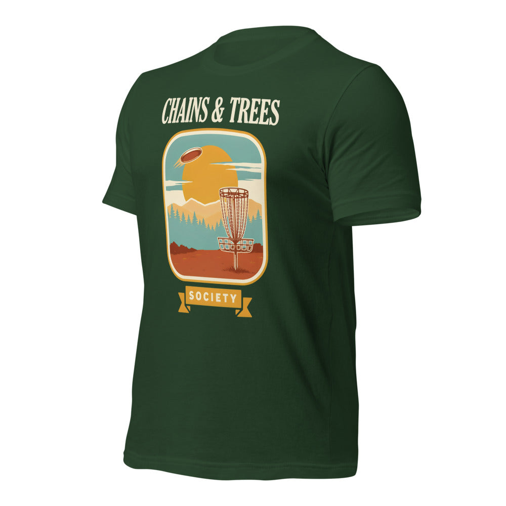 Chains & Trees Society disc golf retro landscape tee — Forest, front right