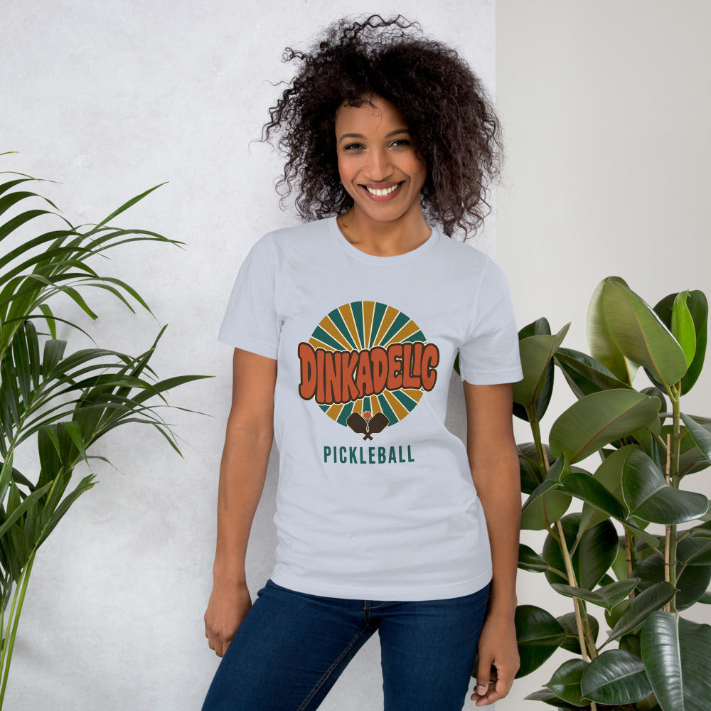 Dinkadelic retro 70s pickleball tee — Light Blue, on model