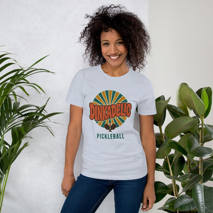 Dinkadelic retro 70s pickleball tee — Light Blue, on model