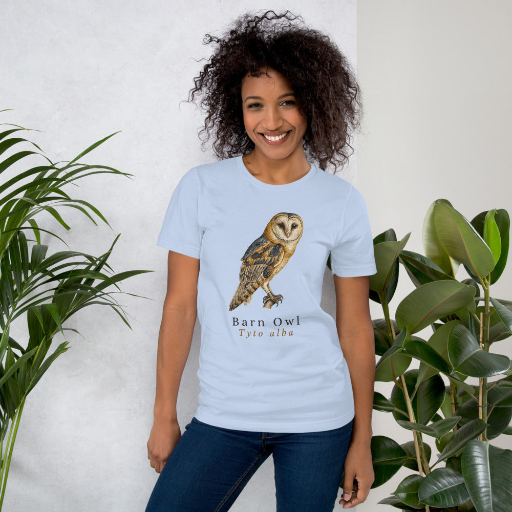 Barn Owl vintage field-guide tee — Baby Blue, on model