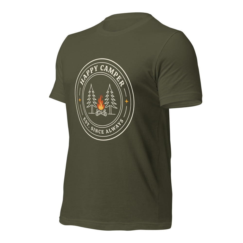 Happy Camper retro camp badge tee — Military Green, front right