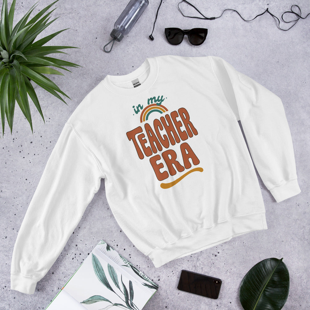 In My Teacher Era retro groovy teacher crewneck sweatshirt — White, front flat lay