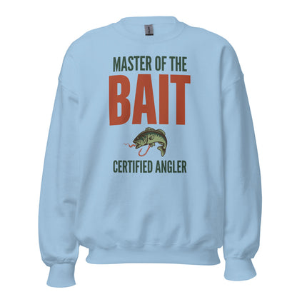 Master of the Bait retro fishing humor crewneck sweatshirt — Light Blue, front