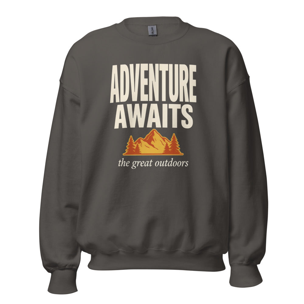 Adventure Awaits retro outdoors typography crewneck sweatshirt — Charcoal, front