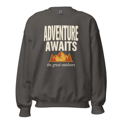 Adventure Awaits retro outdoors typography crewneck sweatshirt — Charcoal, front