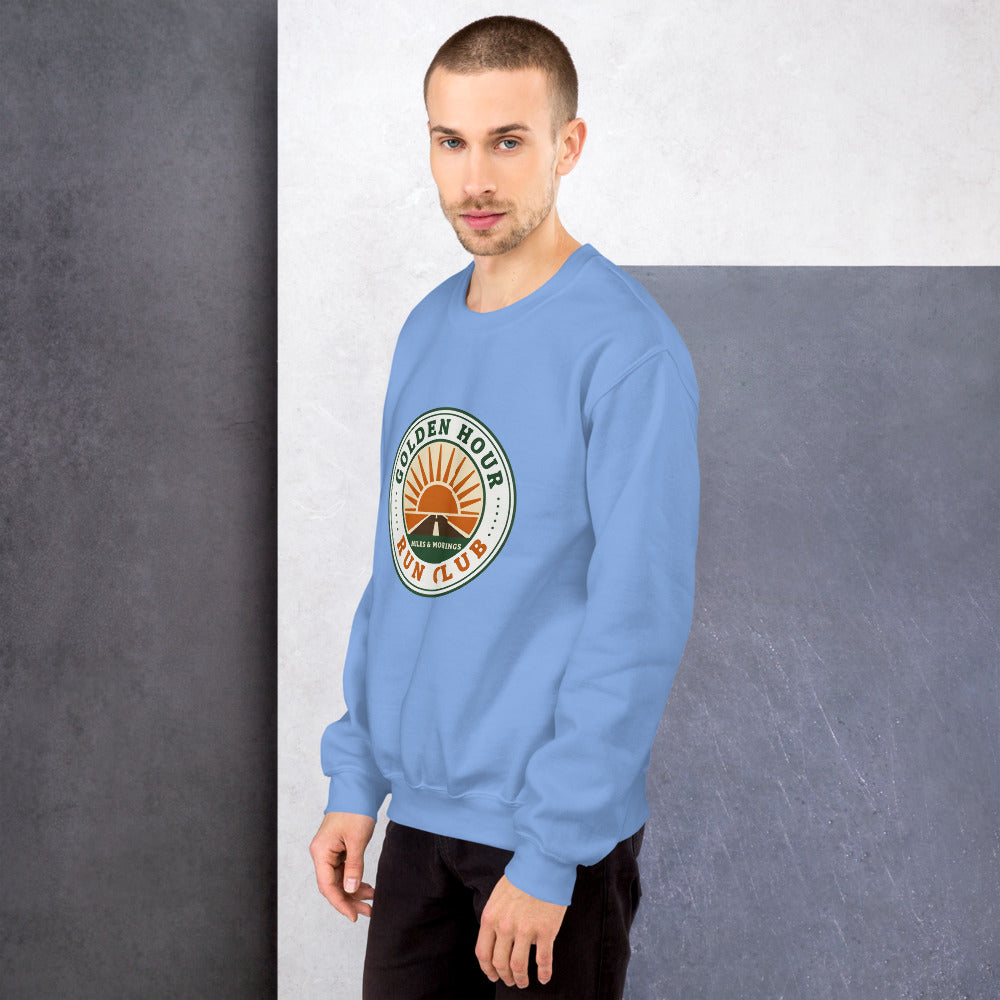 Golden Hour Run Club retro running crewneck sweatshirt — Carolina Blue, on model