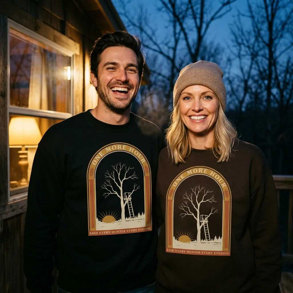 One More Hour funny deer hunting crewneck — lifestyle