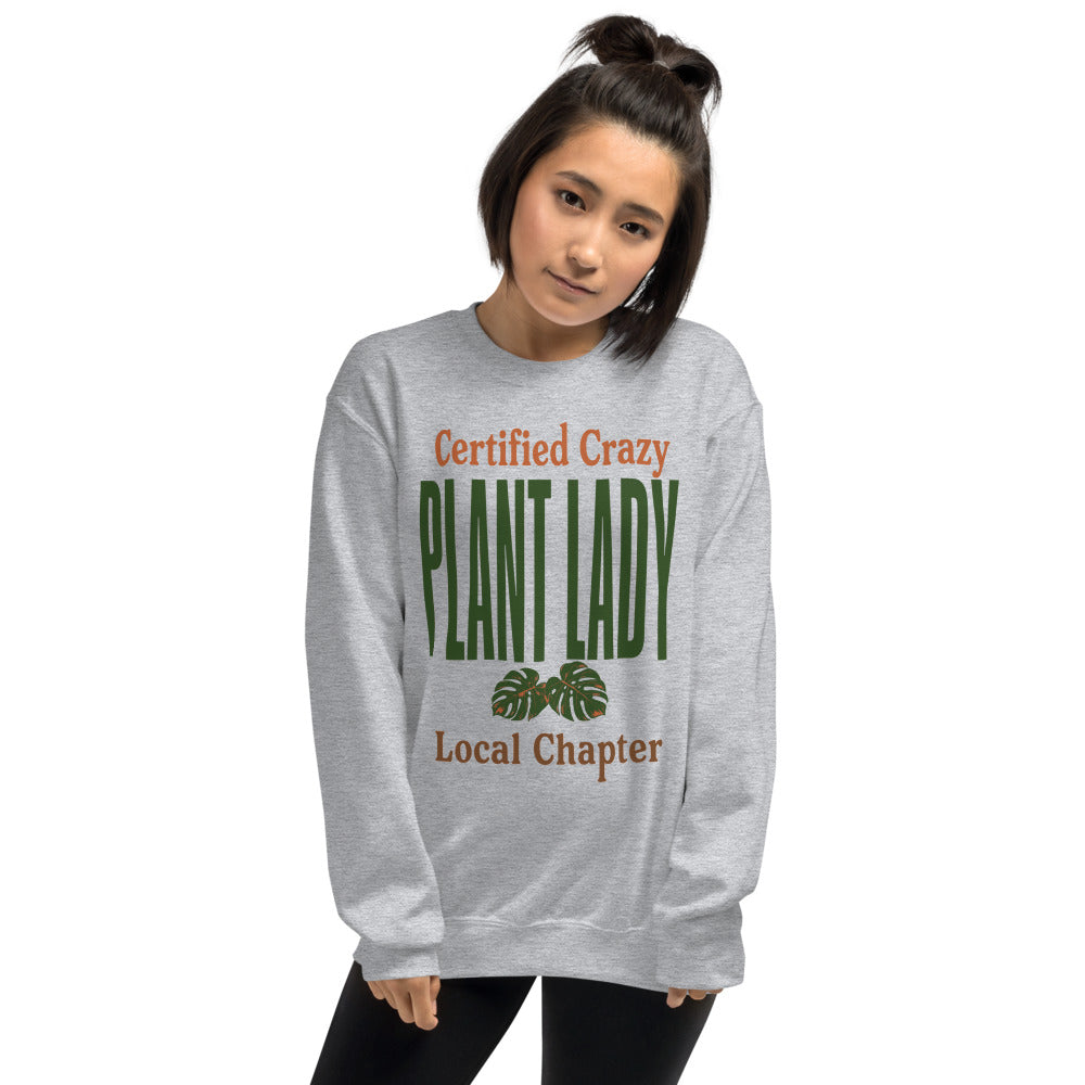 Certified Crazy Plant Lady retro botanical crewneck sweatshirt — Sport Grey, on model