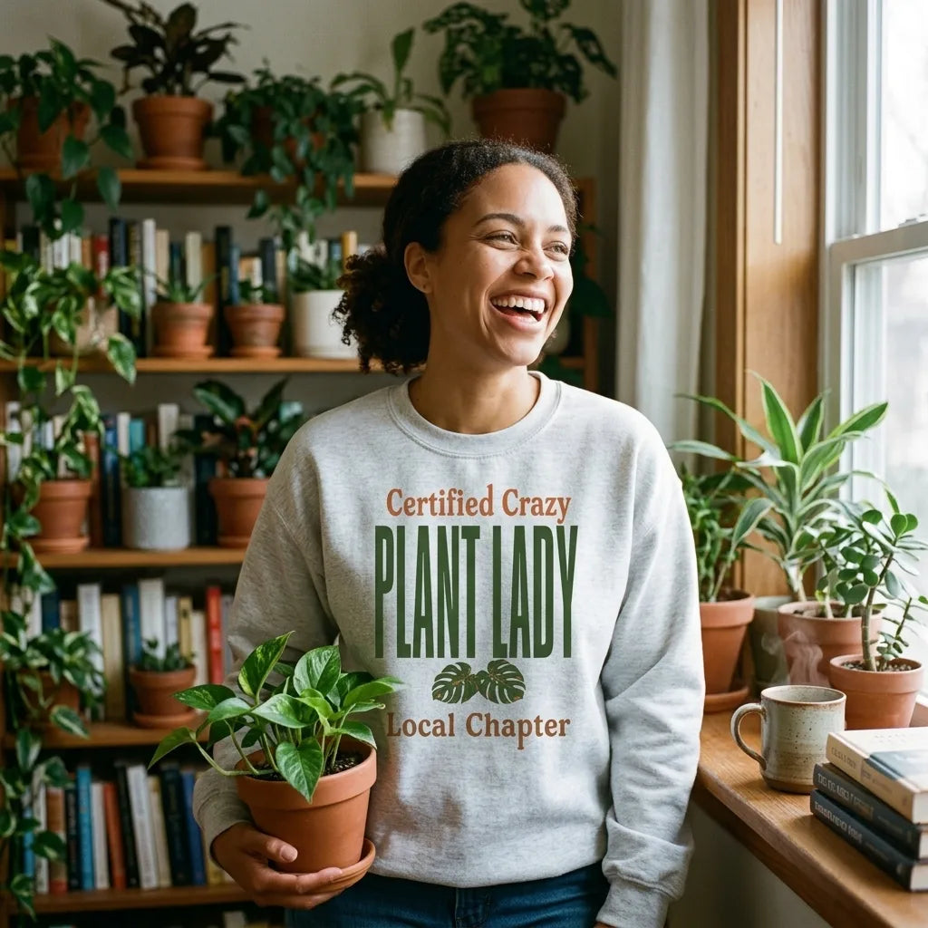 Certified Crazy Plant Lady crewneck sweatshirt — woman laughing in a cozy plant-filled reading nook, Ash