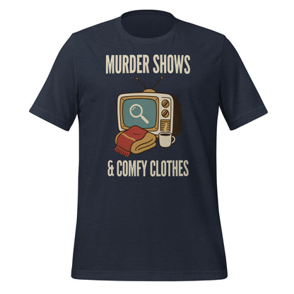 Murder Shows and Comfy Clothes cozy true crime tee — Heather Navy, front