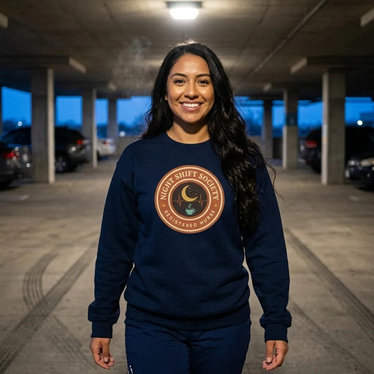 Night Shift Society retro registered nurse badge crewneck sweatshirt — lifestyle