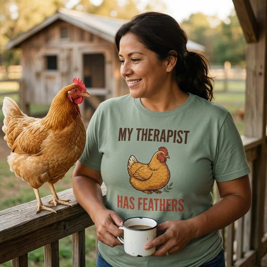 My Therapist Has Feathers funny chicken keeper tee — lifestyle