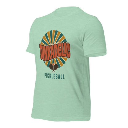 Dinkadelic retro 70s pickleball tee — Heather Prism Mint, front-right angle