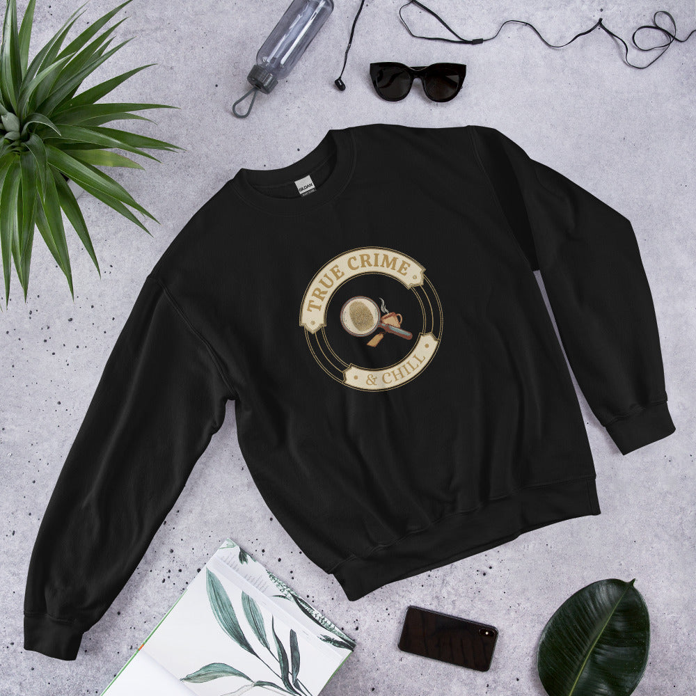 True Crime and Chill crewneck sweatshirt — Black, front-right