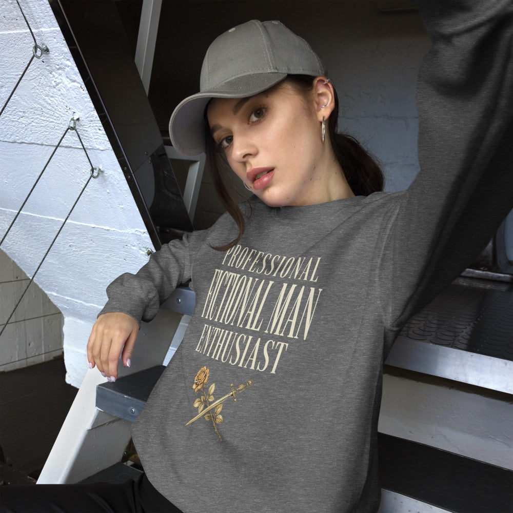 Professional Fictional Man Enthusiast book lover dark academia crewneck sweatshirt — Graphite Heather, worn by model