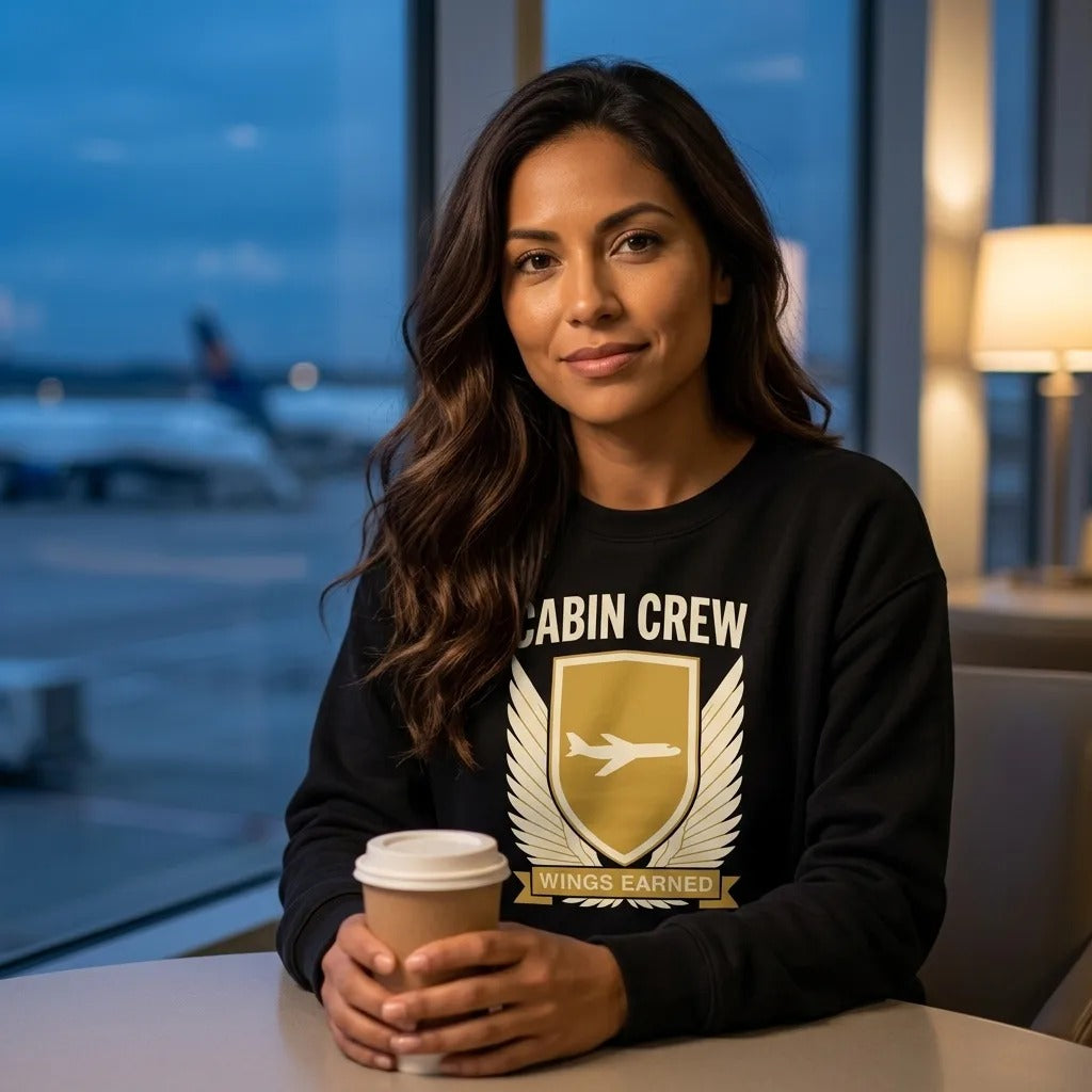 Wings Earned flight attendant crewneck sweatshirt — lifestyle