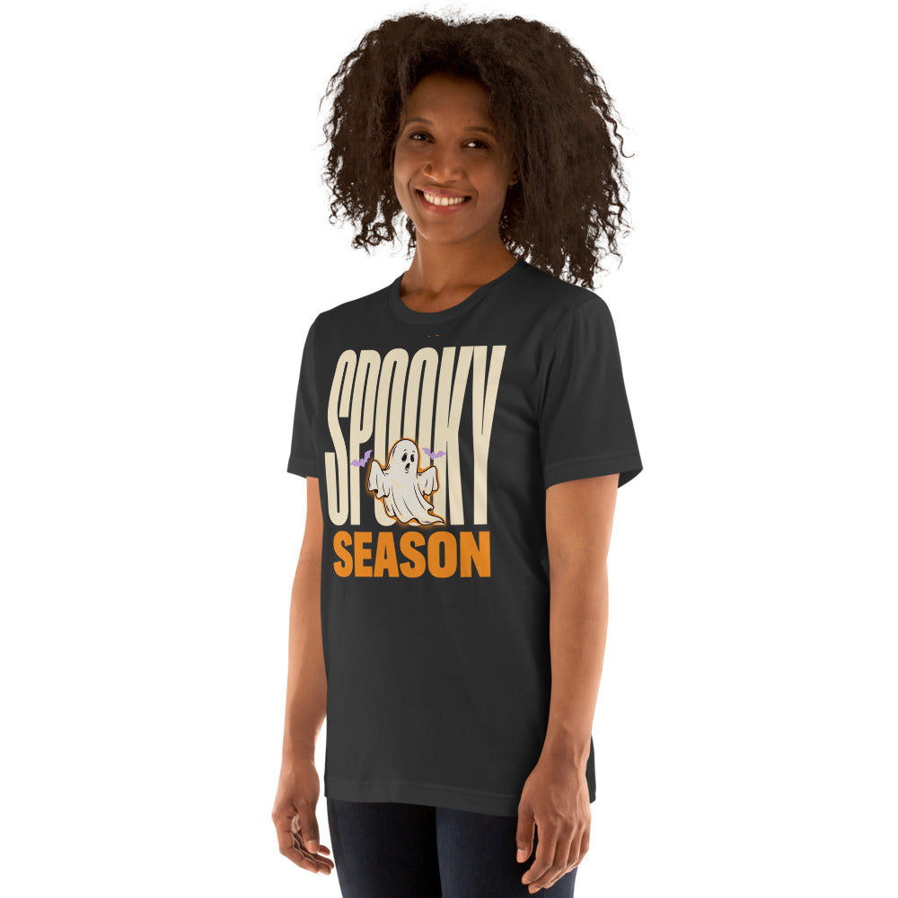 Spooky Season retro Halloween ghost typography tee — Dark Grey, on model