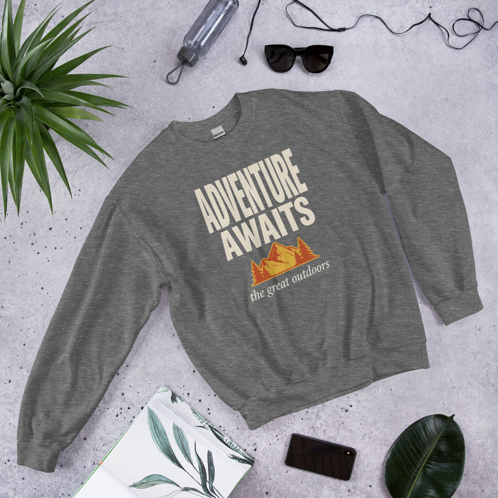 Adventure Awaits retro outdoors typography crewneck sweatshirt — Graphite Heather, front right