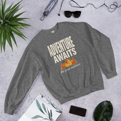 Adventure Awaits retro outdoors typography crewneck sweatshirt — Graphite Heather, front right