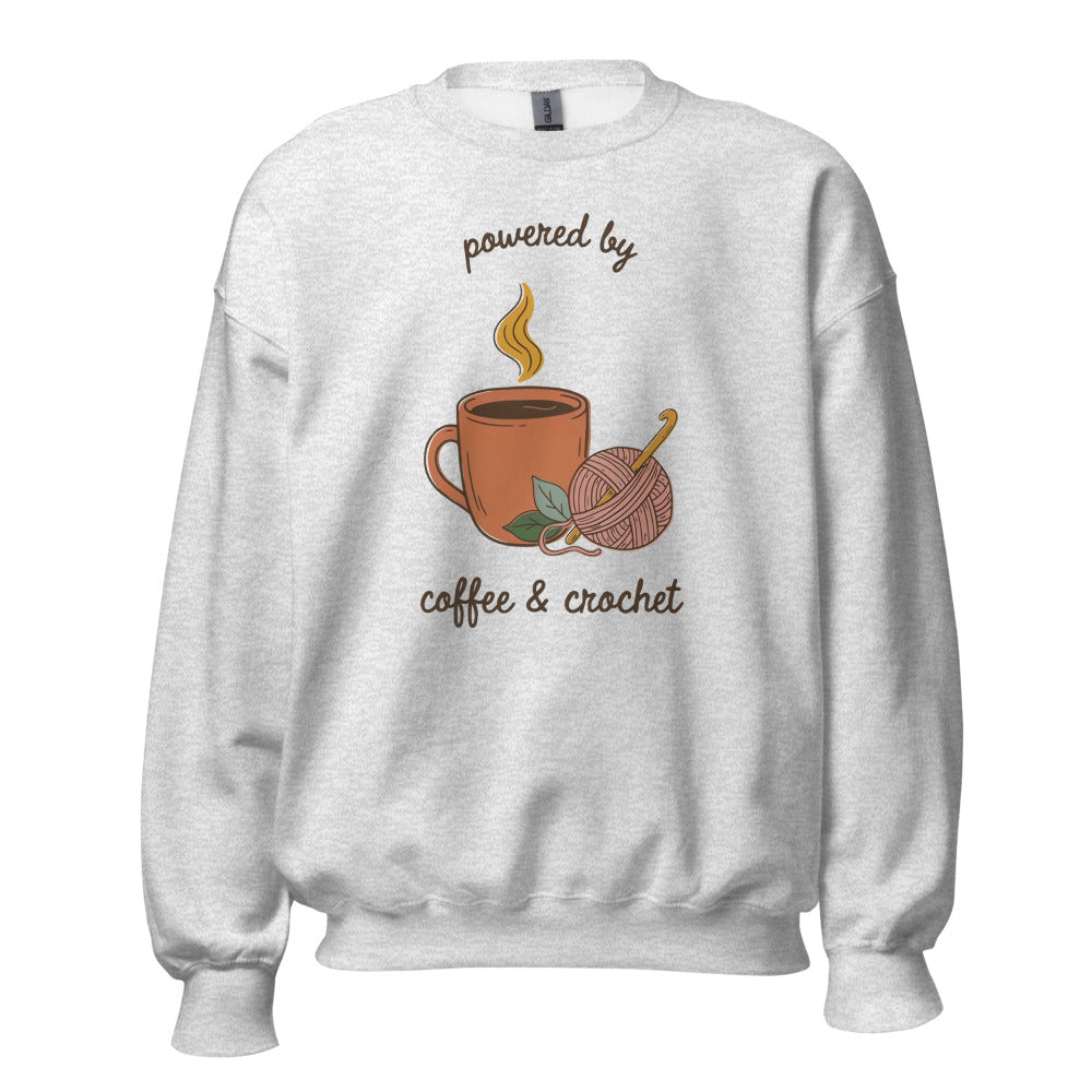 Powered by Coffee and Crochet cottagecore crochet crewneck sweatshirt — Ash, front