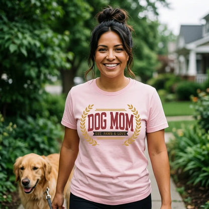 Dog Mom vintage varsity wordmark tee — lifestyle
