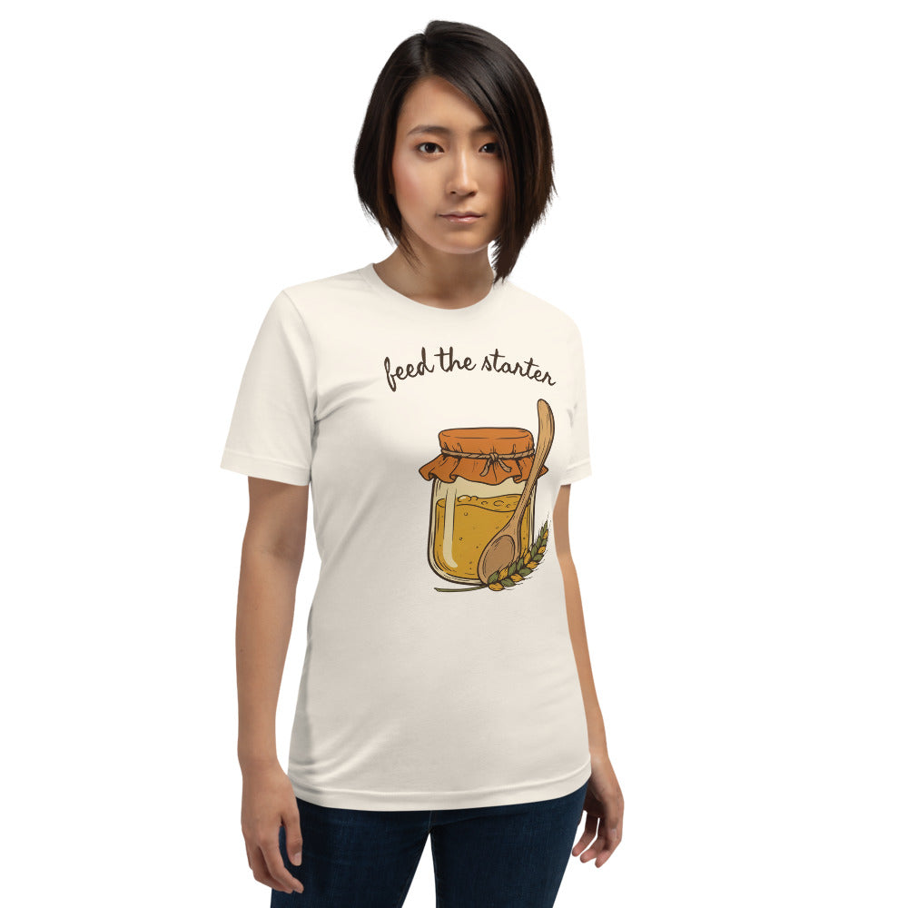 Feed The Starter sourdough baker tee — Vintage White, on model