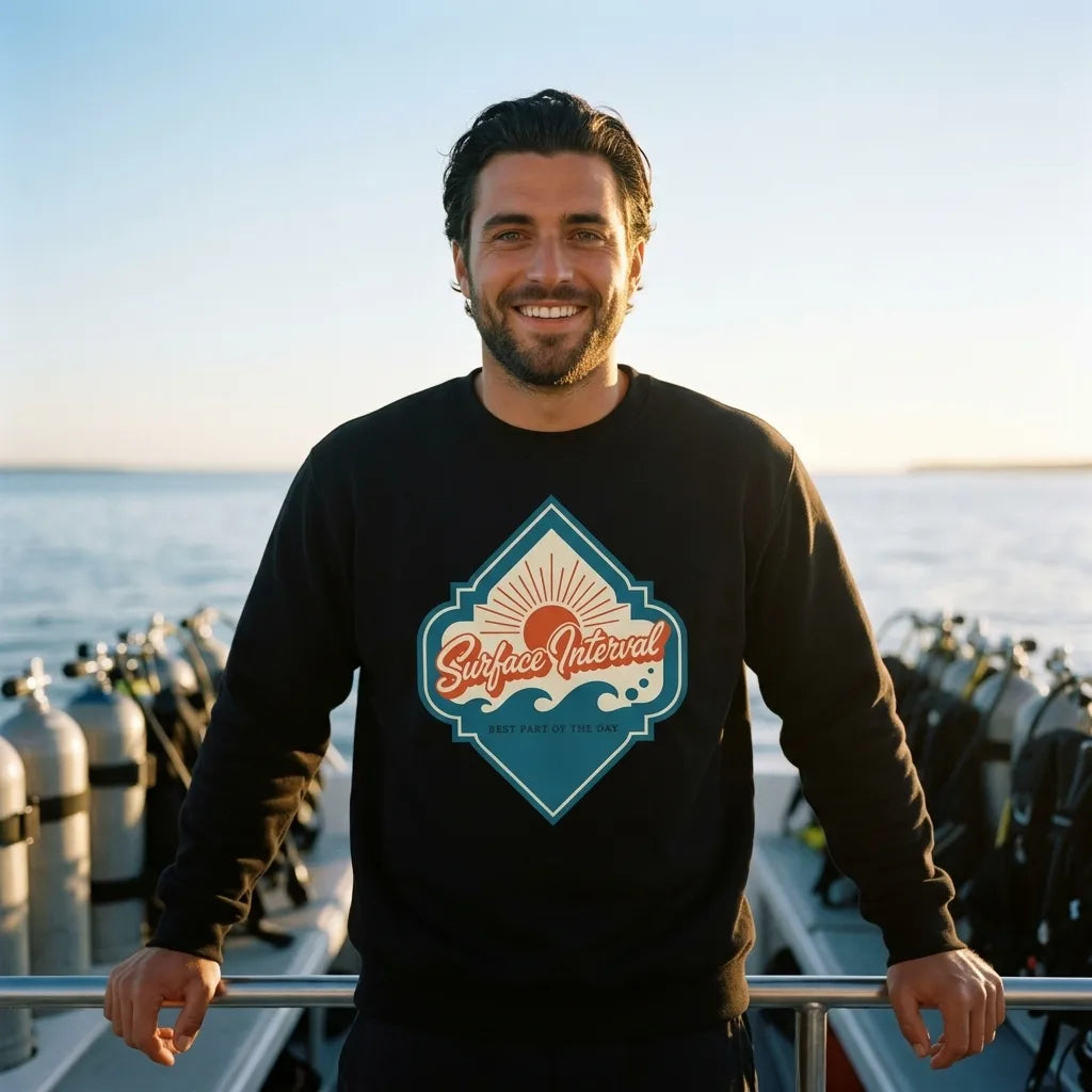 Surface Interval vintage scuba diving travel decal sweatshirt — lifestyle
